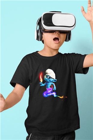 The Smurfs Şirinler Baskılı Siyah Unisex Çocuk Tişört
