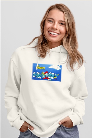 The Smurfs Şirinler Beyaz Unisex Kapşonlu Sweatshirt