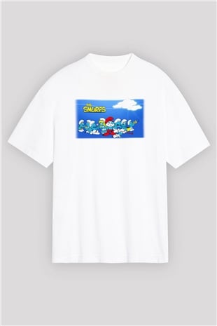 The Smurfs Şirinler Beyaz Unisex Oversize Tişört