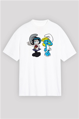 The Smurfs Şirinler Beyaz Unisex Oversize Tişört