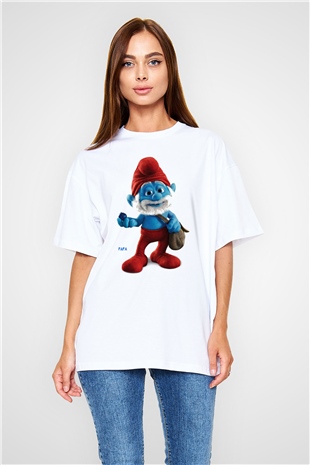 The Smurfs Şirinler Beyaz Unisex Oversize Tişört