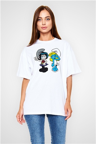 The Smurfs Şirinler Beyaz Unisex Oversize Tişört