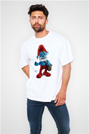 The Smurfs Şirinler Beyaz Unisex Oversize Tişört