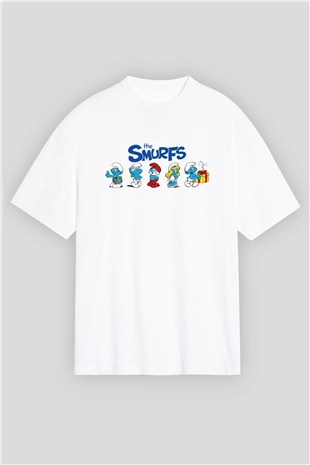 The Smurfs Şirinler Beyaz Unisex Oversize Tişört
