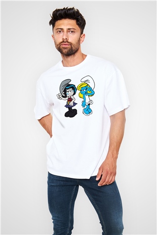 The Smurfs Şirinler Beyaz Unisex Oversize Tişört