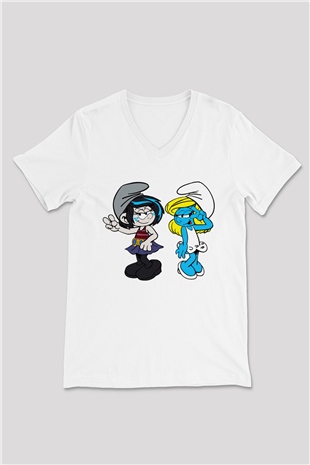 The Smurfs Şirinler Beyaz Unisex V Yaka Tişört