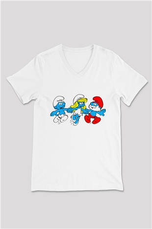 The Smurfs Şirinler Beyaz Unisex  V Yaka Tişört