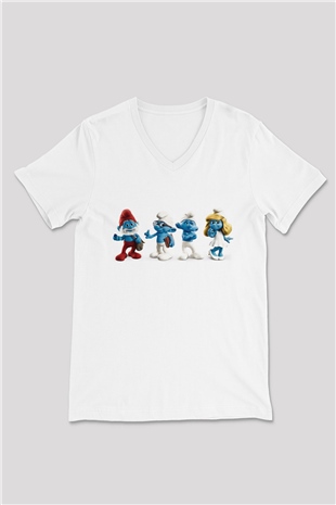 The Smurfs Şirinler Beyaz Unisex  V Yaka Tişört