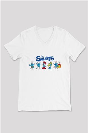 The Smurfs Şirinler Beyaz Unisex V Yaka Tişört