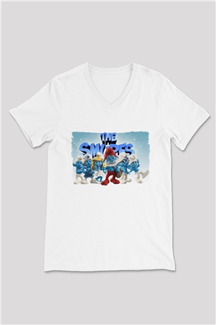 The Smurfs Şirinler Beyaz Unisex  V Yaka Tişört