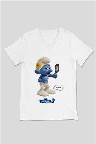 The Smurfs Şirinler Beyaz Unisex V Yaka Tişört