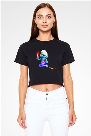 The Smurfs Şirinler Siyah Crop Top Tişört