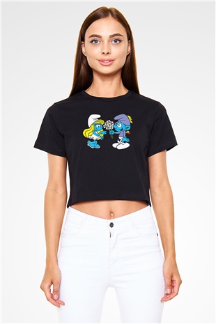 The Smurfs Şirinler Siyah   Crop Top Tişört