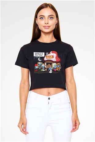 The Smurfs Şirinler Siyah Crop Top Tişört