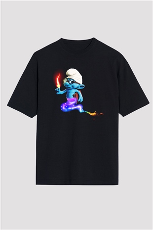 The Smurfs Şirinler Siyah Unisex Oversize Tişört