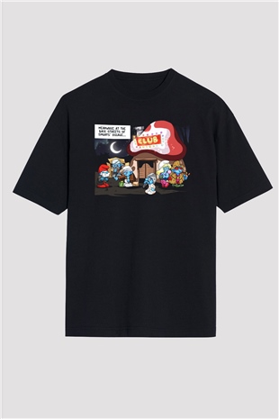 The Smurfs Şirinler Siyah Unisex Oversize Tişört