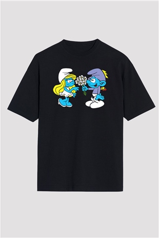 The Smurfs Şirinler Siyah Oversize Tişört