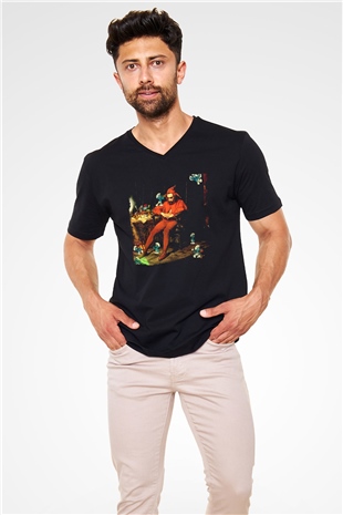The Smurfs Şirinler Siyah Unisex  V Yaka Tişört