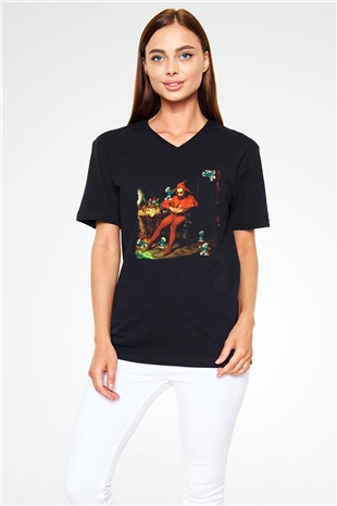 The Smurfs Şirinler Siyah Unisex  V Yaka Tişört