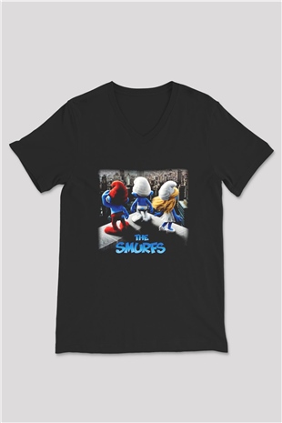 The Smurfs Şirinler Siyah Unisex V Yaka Tişört