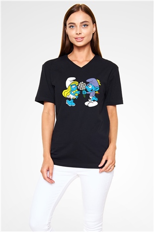 The Smurfs Şirinler Siyah Unisex  V Yaka Tişört