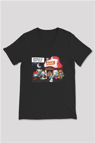 The Smurfs Şirinler Siyah Unisex V Yaka Tişört