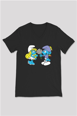 The Smurfs Şirinler Siyah Unisex  V Yaka Tişört