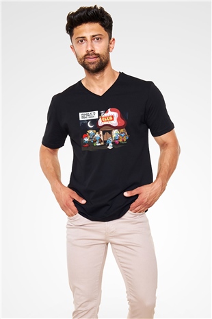 The Smurfs Şirinler Siyah Unisex V Yaka Tişört