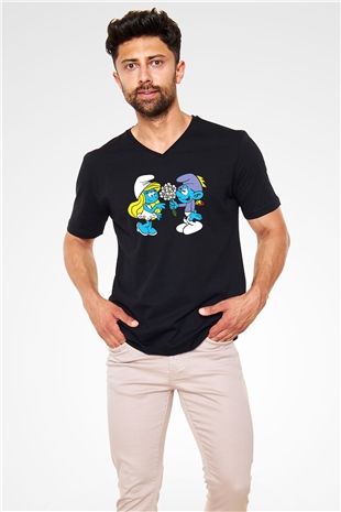 The Smurfs Şirinler Siyah Unisex  V Yaka Tişört
