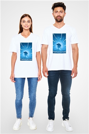 The Terminator Beyaz Unisex V Yaka Tişört T-Shirt