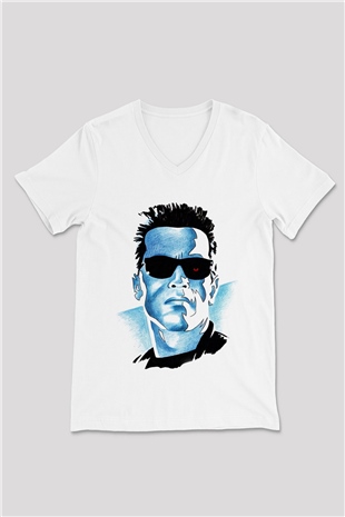 The Terminator Beyaz Unisex V Yaka Tişört T-Shirt