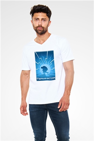 The Terminator Beyaz Unisex V Yaka Tişört T-Shirt