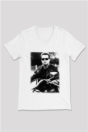 The Terminator Beyaz Unisex V Yaka Tişört T-Shirt