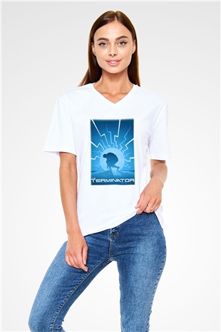 The Terminator Beyaz Unisex V Yaka Tişört T-Shirt