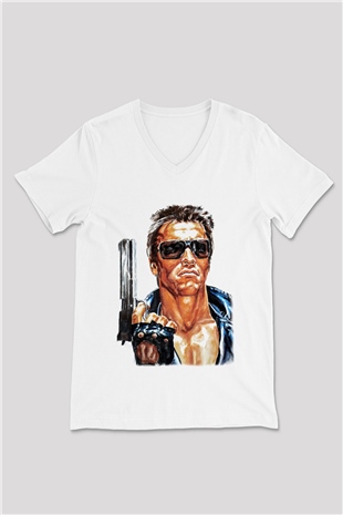 The Terminator Beyaz Unisex V Yaka Tişört T-Shirt