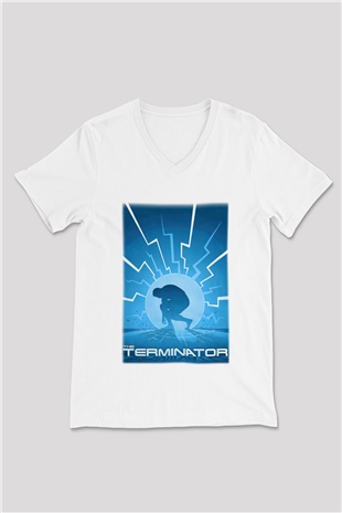 The Terminator Beyaz Unisex V Yaka Tişört T-Shirt