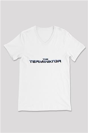 The Terminator Beyaz Unisex V Yaka Tişört T-Shirt