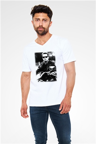 The Terminator Beyaz Unisex V Yaka Tişört T-Shirt
