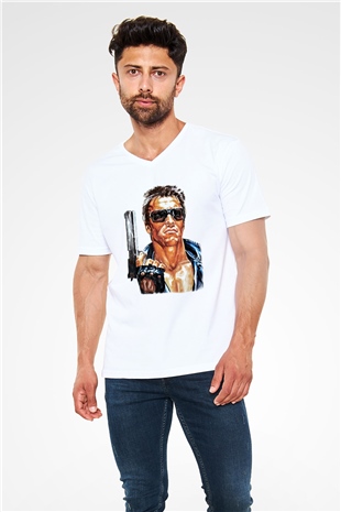 The Terminator Beyaz Unisex V Yaka Tişört T-Shirt