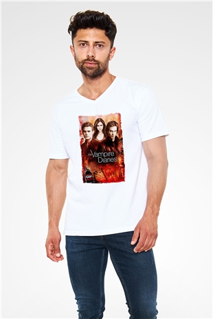 The Vampire Diaries Beyaz Unisex V Yaka Tişört