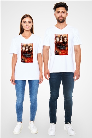 The Vampire Diaries Beyaz Unisex V Yaka Tişört