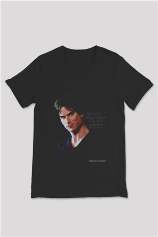 The Vampire Diaries Siyah Unisex V Yaka Tişört T-Shirt