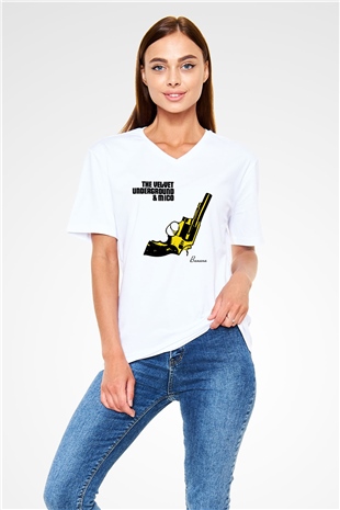 The Velvet Underground Beyaz Unisex V Yaka Tişört T-Shirt
