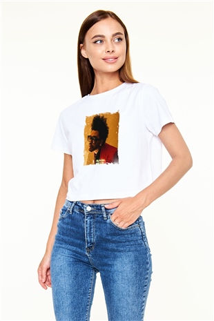 The Weeknd Baskılı Beyaz Kadın Crop Top Tişört