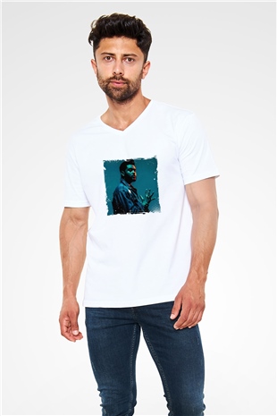 The Weeknd Baskılı Beyaz V Yaka Unisex Tişört