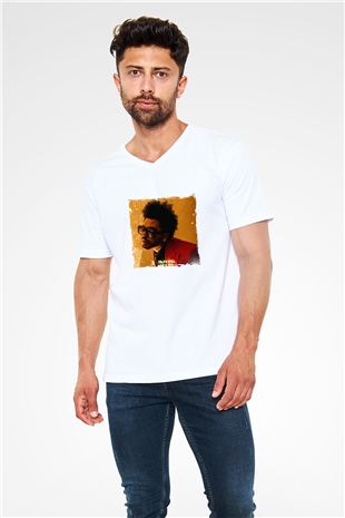 The Weeknd Baskılı Beyaz V Yaka Unisex Tişört