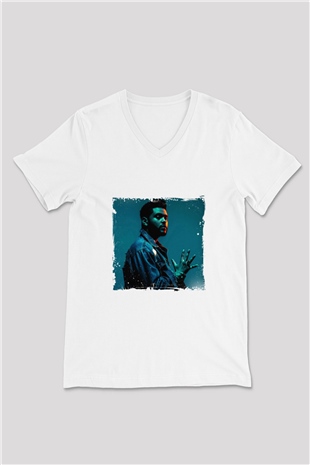 The Weeknd Baskılı Beyaz V Yaka Unisex Tişört
