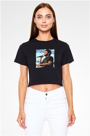 The Weeknd Baskılı Crop Top Siyah Kadın Tişört