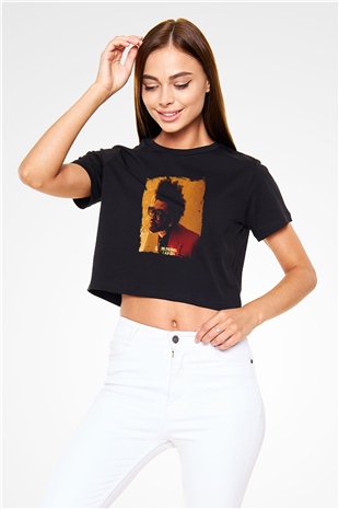 The Weeknd Baskılı Crop Top Siyah Kadın Tişört