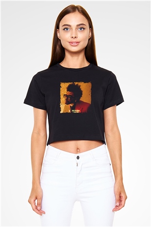 The Weeknd Baskılı Crop Top Siyah Kadın Tişört